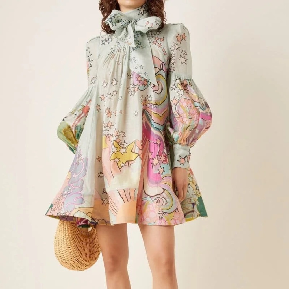 Zimmermann NYT Concert Tie-Neck Linen-Silk Mini Dress